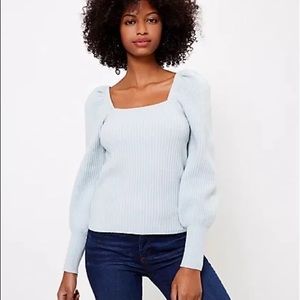 NWT LOFT - Light blue ribbed square neck puff sleeve sweater Large